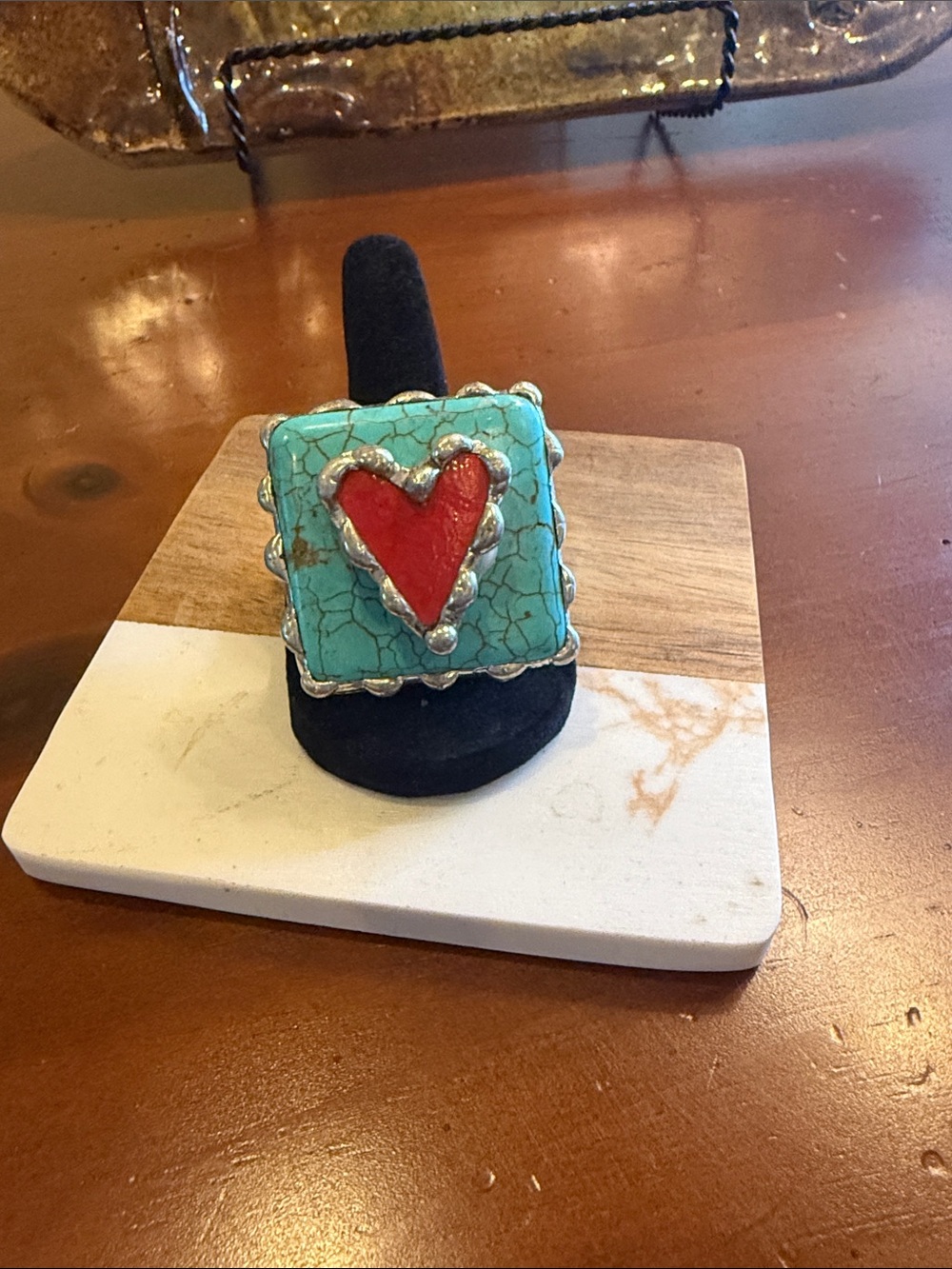 Turquoise Square Ring with Red Heart Accent Stretch Ring